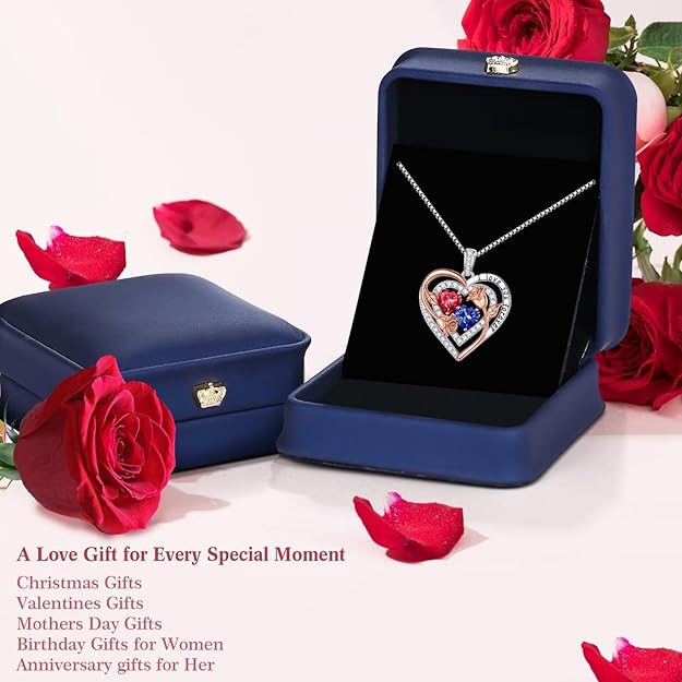 Double Birthstone Necklace for Women with Heart Pendant