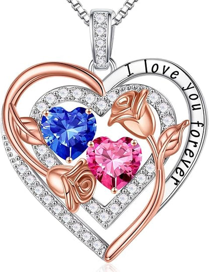 Double Birthstone Necklace for Women with Heart Pendant