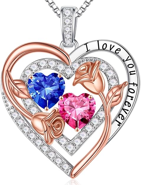 Double Birthstone Necklace for Women with Heart Pendant